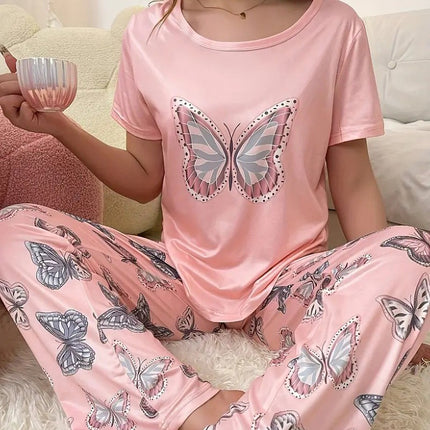 Round Neck Butterfly Print Top And Trousers Suit