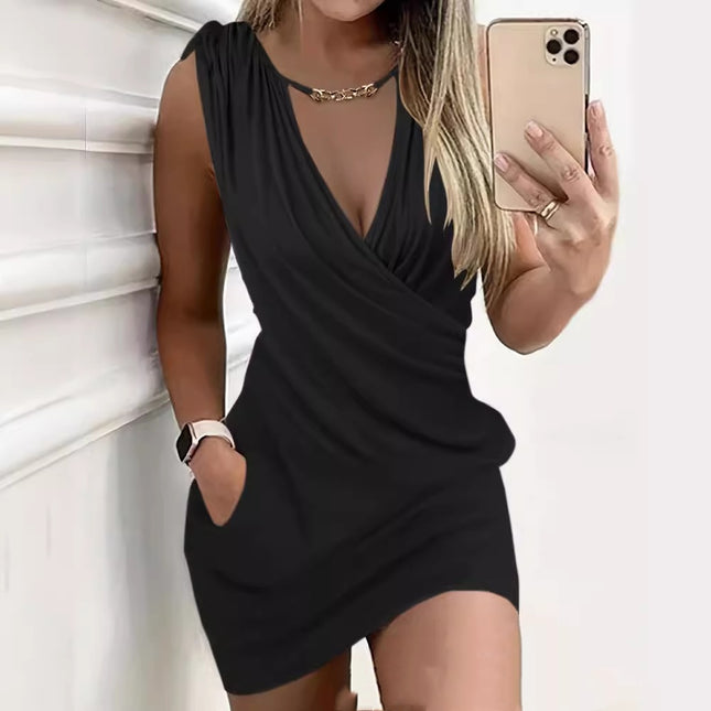 Drawstring Retaining Ring V-neck Pocket Dress