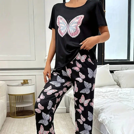 Round Neck Butterfly Print Top And Trousers Suit