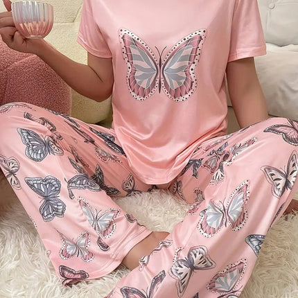 Round Neck Butterfly Print Top And Trousers Suit