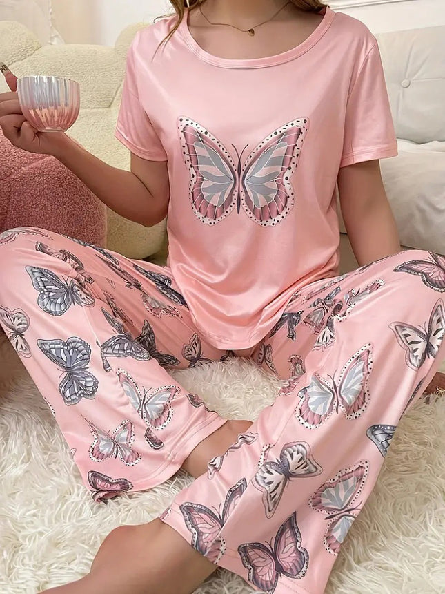 Round Neck Butterfly Print Top And Trousers Suit