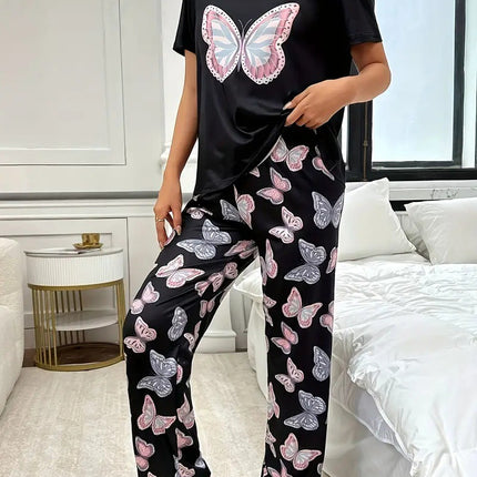 Round Neck Butterfly Print Top And Trousers Suit