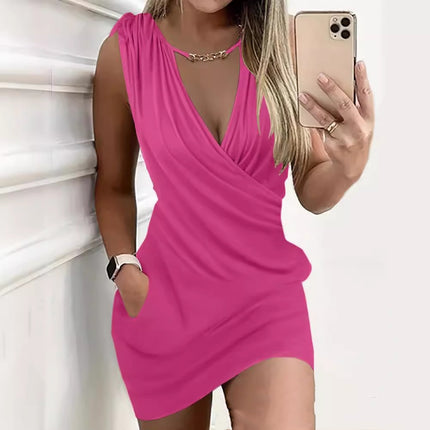 Drawstring Retaining Ring V-neck Pocket Dress