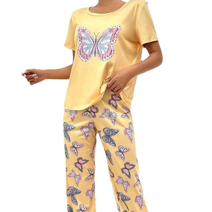 Round Neck Butterfly Print Top And Trousers Suit
